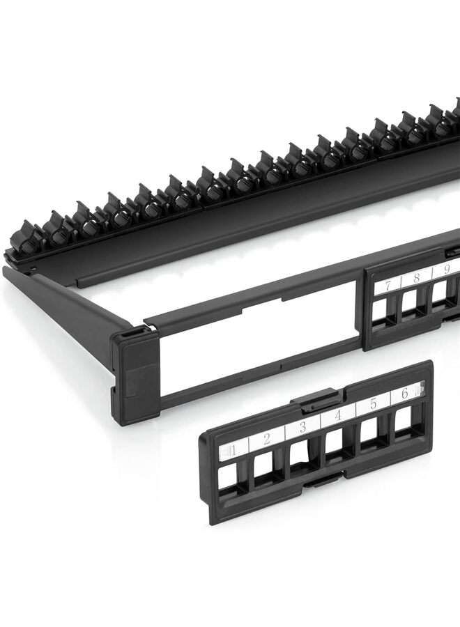 LAMAY 24 Port Patch Panel Use with Slim Profile Keystones ONLY (Wider Jacks May not fit Side by Side) Snap-in Design with Adjustable Rear Cable Management Bar for RJ45 HDMI Coax Speaker - Image 1